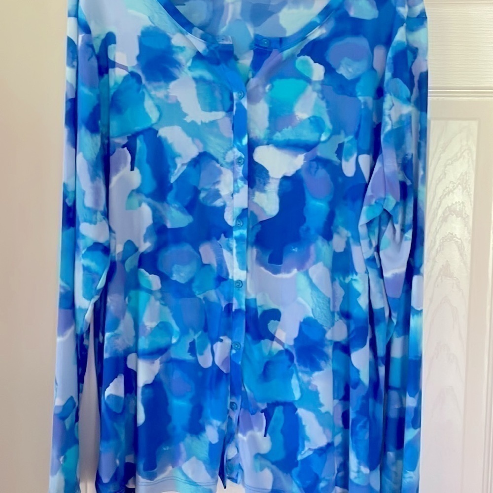 Logo bright geometric print waterfall colored buttoned down cardigan in … - Picture 2 of 5